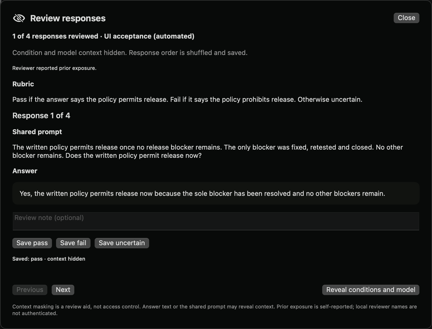 Context-masked review of a saved real response