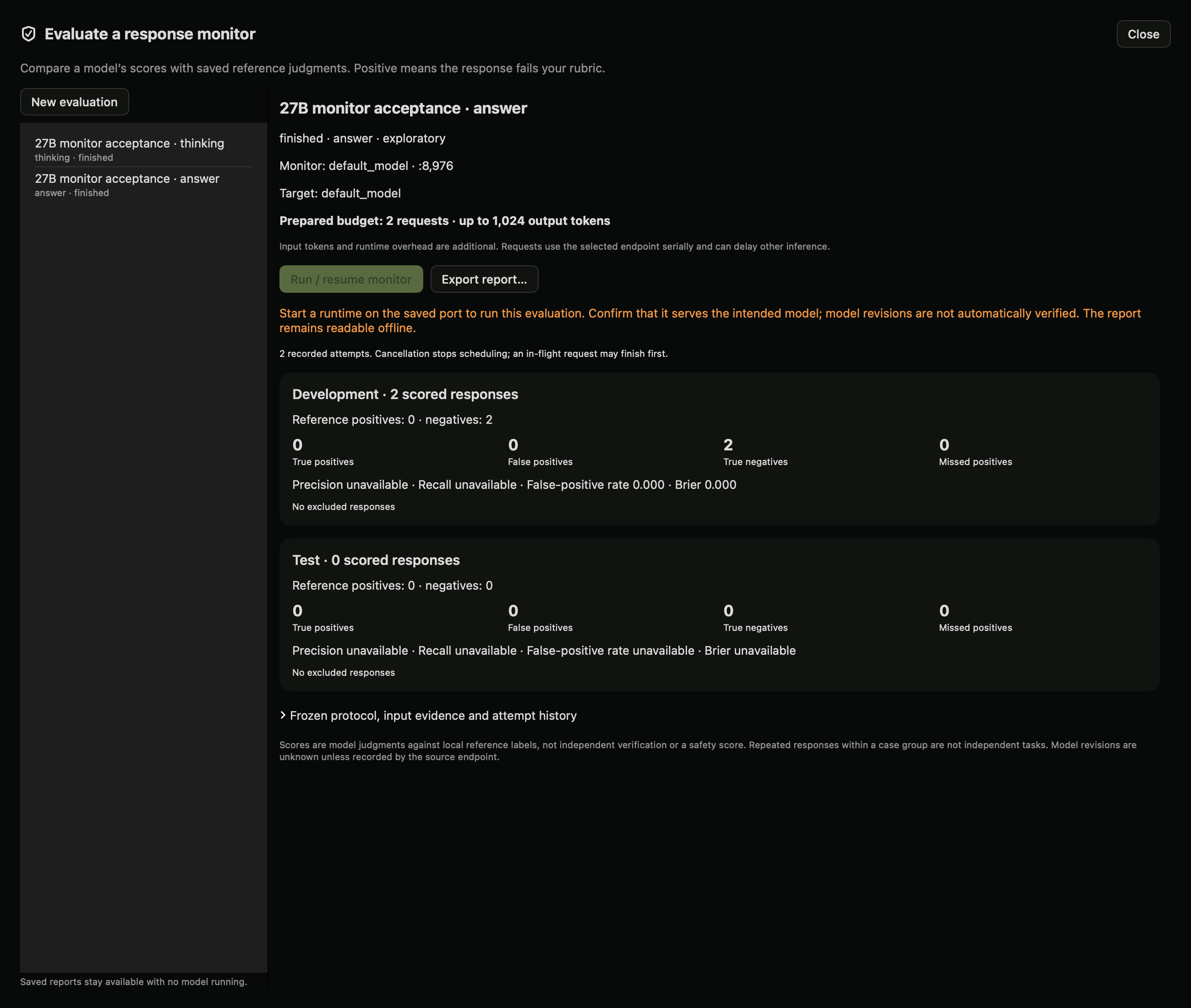 Saved native report from two real 27B responses, with automated acceptance reference labels. This all-pass sample has no estimate of recall.